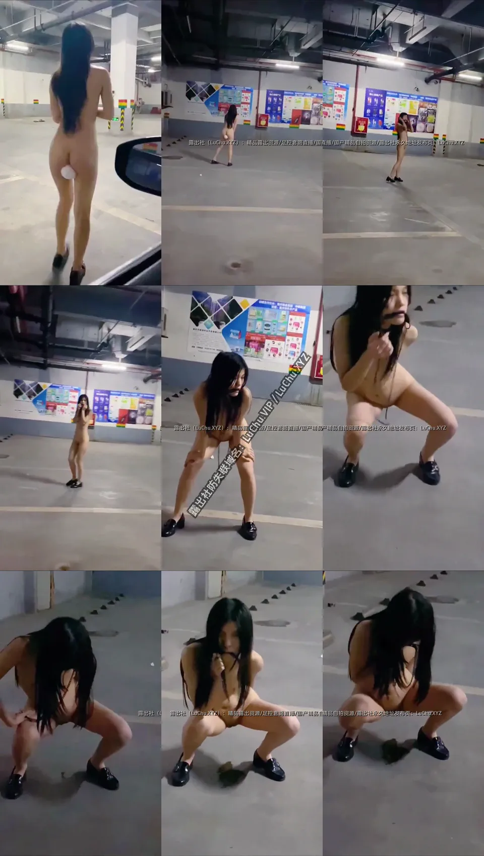 停车场全裸露出，戴着肛塞狗链在停车场尿尿