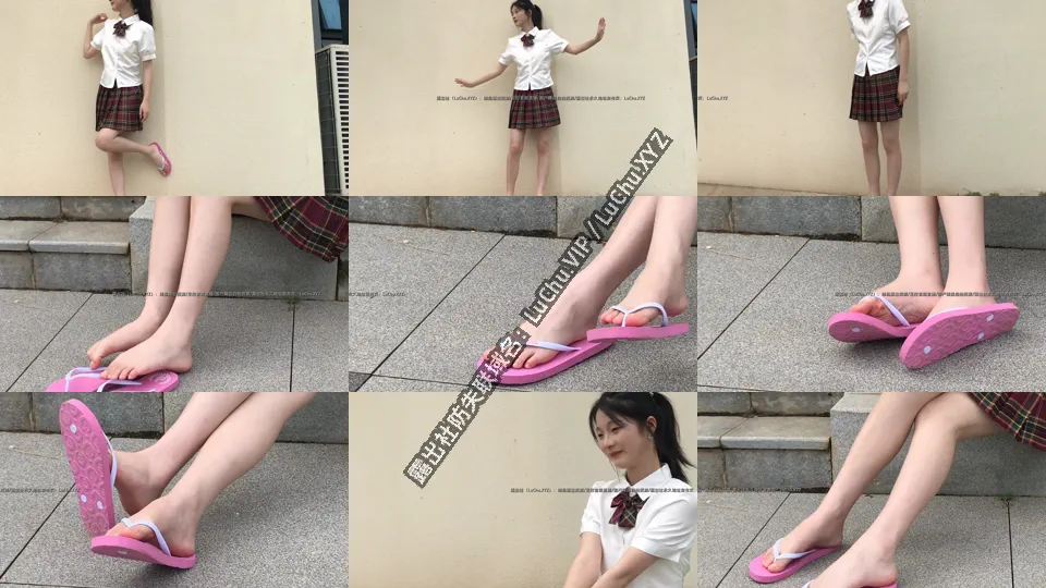 JK学生妹粉色人字拖玉足 户外摄影
