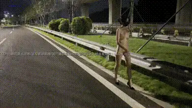 #小K 全裸高跟穿梭于马路于绿化带之间，紧张到对向来了辆货车都要蹲下来躲着