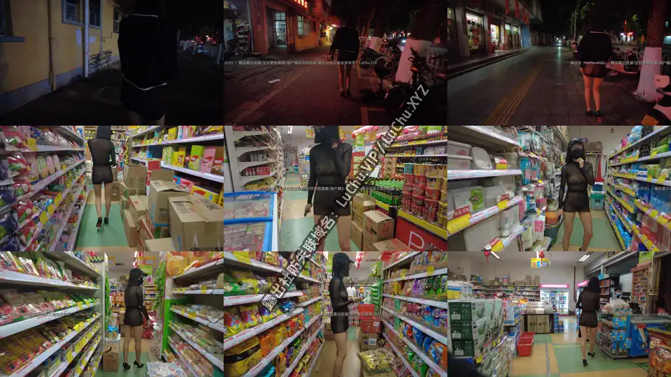 #小K 镂空黑丝连衣裙，齐逼的宽度阴毛若隐若现，走在城市街头，在便利店购物结账 #人前