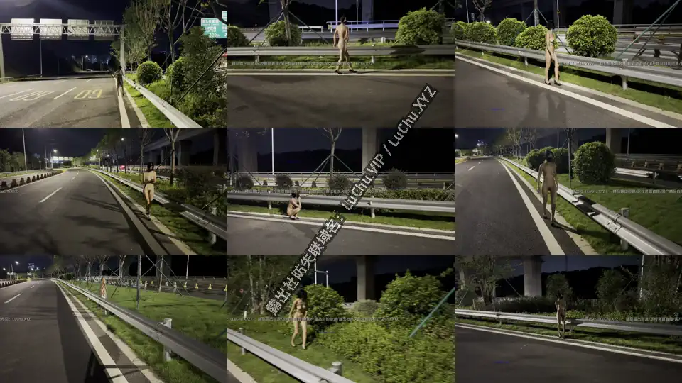 #小K 全裸高跟穿梭于马路于绿化带之间，紧张到对向来了辆货车都要蹲下来躲着